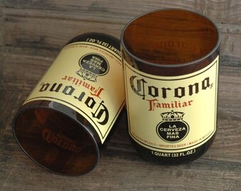 Pair of Large Quart Mexican Corona Familiar Recycled Beer Bottle Glasses -Set 0f 2