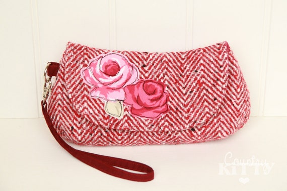 Red herringbone wool wristlet clutch - pouch with rose applique