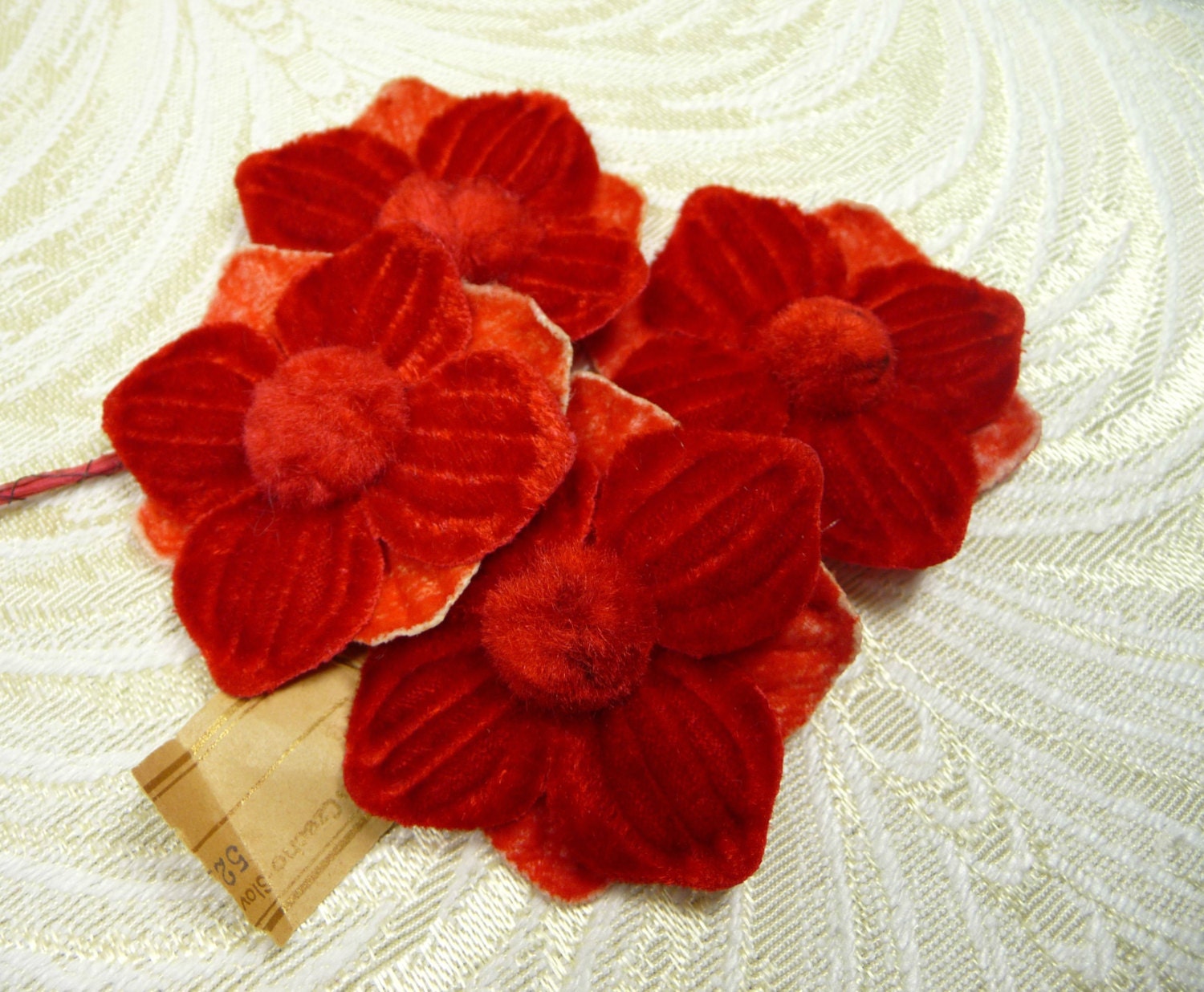 Vintage Velvet Millinery Flowers Rich Red NOS Germany Bunch of