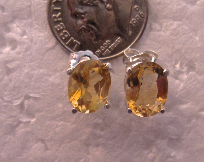 Citrine Stud Earrings, 9x7mm Oval, Natural, Set in Sterling Silver E727