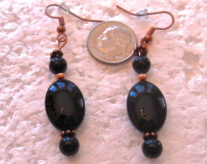 Black Agate Earrings with Pure Cooper, Natural Agate Beads, 2" Long, E200