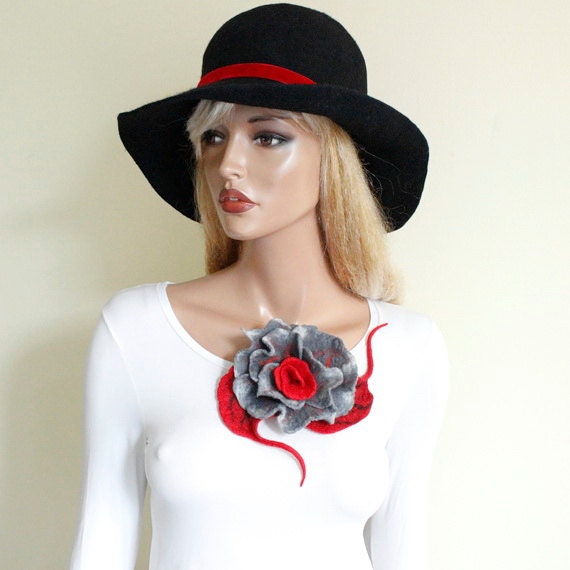Red brooch Felt brooch Red grey brooch Red flower Fancy flower