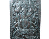 Indian Panel Decorative Ganesha Hand Carved Vintage Blue Antique Woods Door Panel 72 X 36"