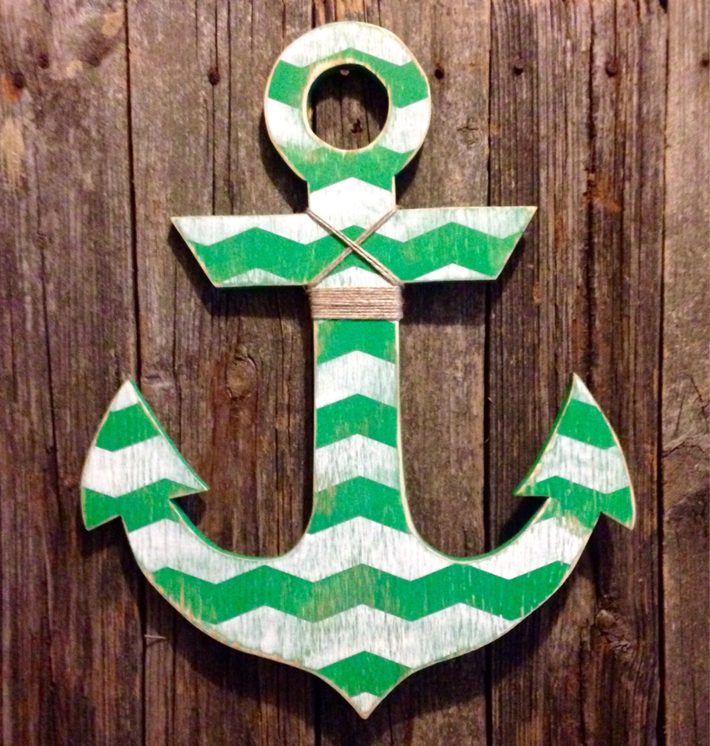 large distressed kelly green and white chevron wood anchor with nautical jute wall hanging nautical christmas by nautiwoodworks on etsy