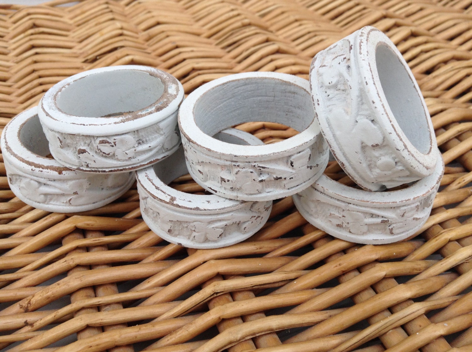 White Carved Wooden Napkin Rings Set of 6 Shabby Chic