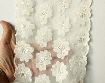 Off White Soft Net Lace Trim With Embroidered Flowers 7 inches wide - 041203L33