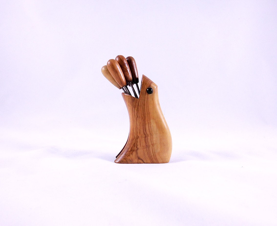 Vintage Mid Century Modern Wooden Frog Cocktail Fork Holder and 6 Forks