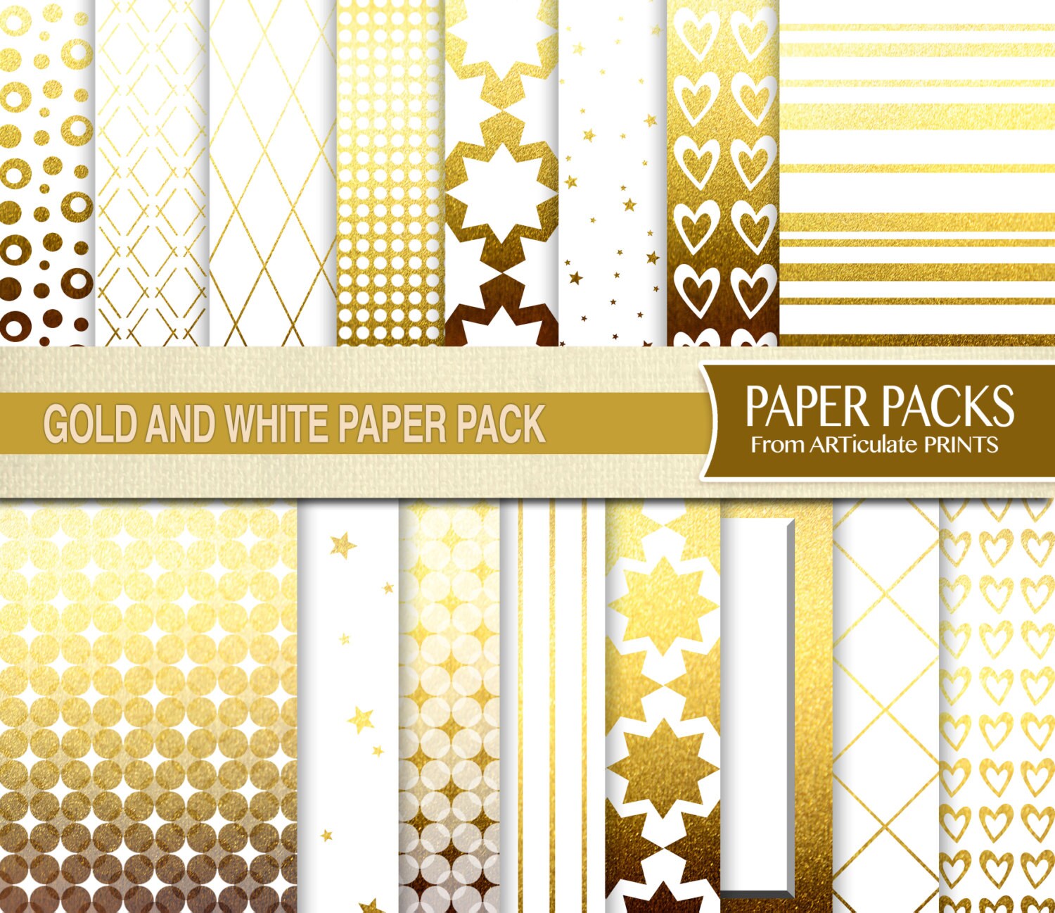 Gold & White Metallic Digital Scrapbook Paper Pack Instant