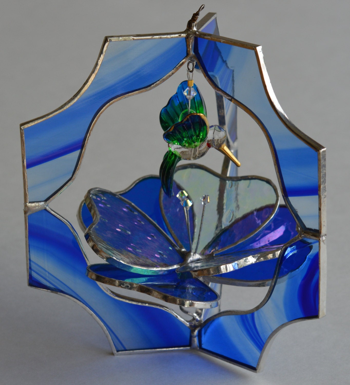 Cobalt Blue Stained Glass Suncatcher Flower Hummingbird Gift