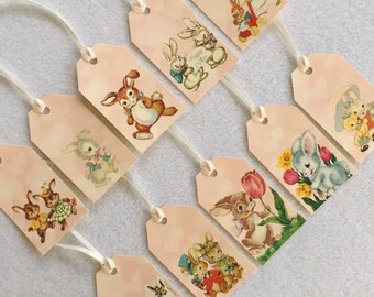 Easter Bunny Rabbit gift tags - vintage retro bunnies - set of 10