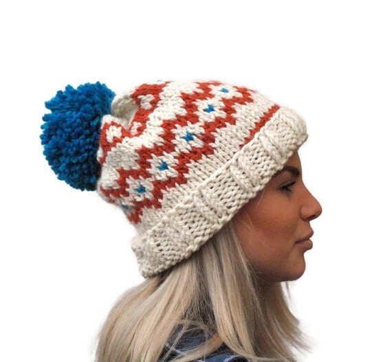 pom beanie pom custom knit Orange  pom Hand hat Knit Cream Beanie, fair isle pom Knit hat,