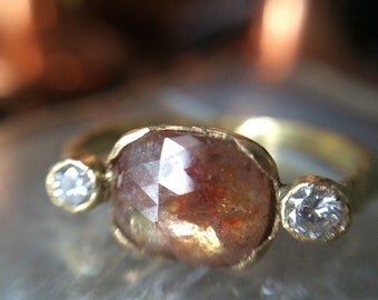 18kt Gold Organic Red Rose Cut Diamond Engagement Ring- Recycled Gold Conflict Free Rose Cut Engagement ring- rustic gold hammered ring