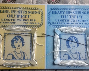 Vintage 1920s Flapper Pearl Restringing Kit // original Art Deco advertising card, unused, 72" strands