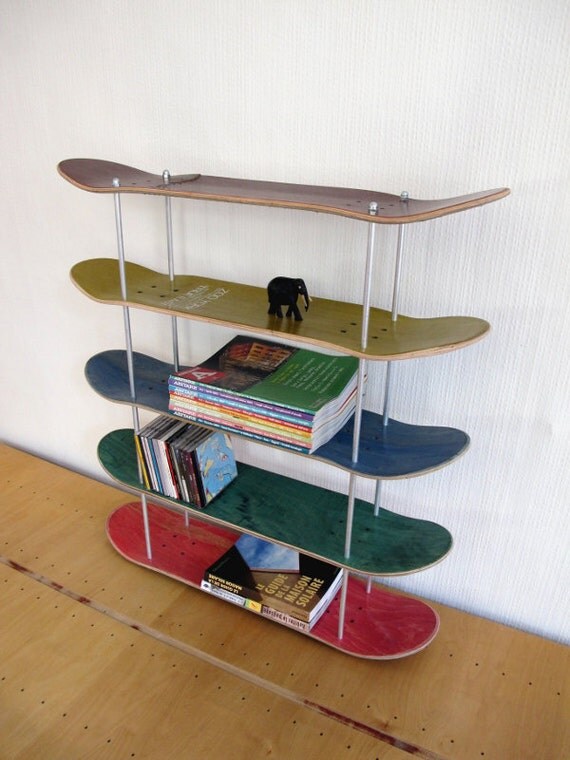 Shelf made by recycled skateboards.