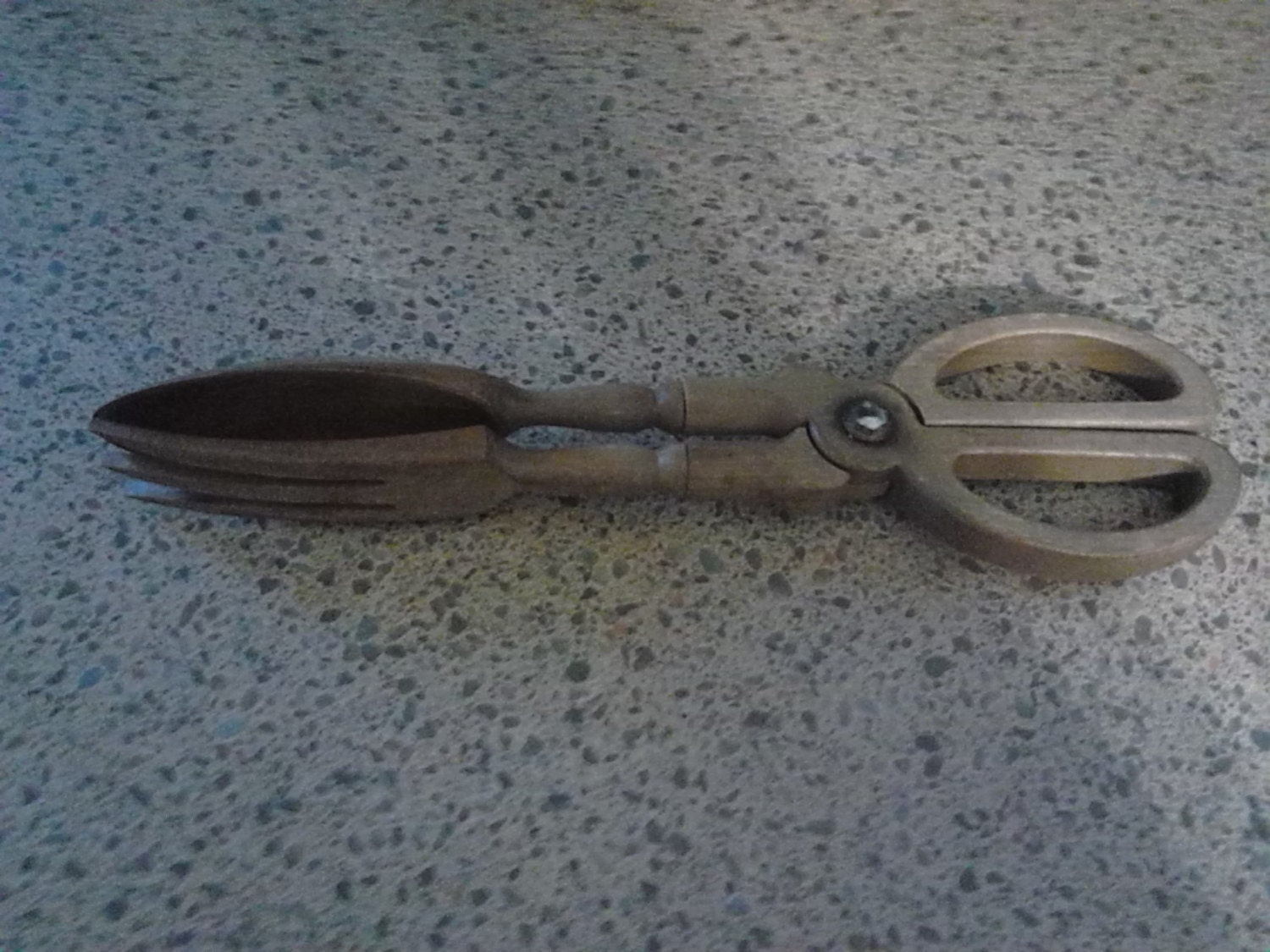 Vintage 1960s Wooden Salad Tongs, Joined Fork and Spoon Salad Set