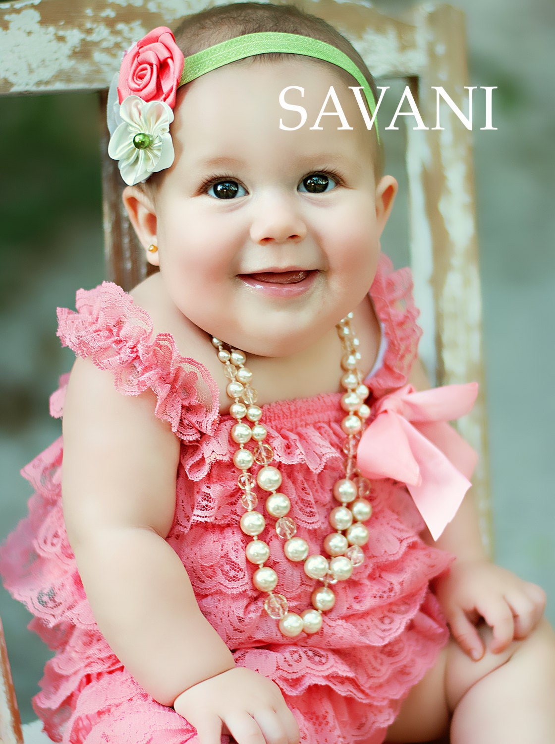 BABY girl lace outfit 2 pcs coral green lace romper