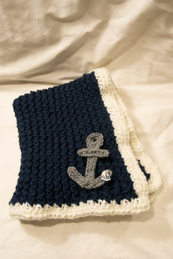 Handmade crochet baby nautical blanket navy blue offwhite