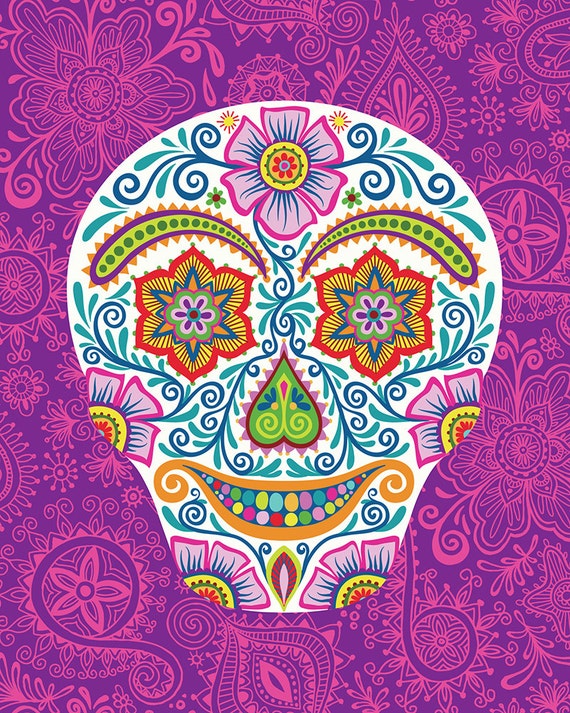 Dia de los Muertos Sugar Skull Art Print Flower Power Skully