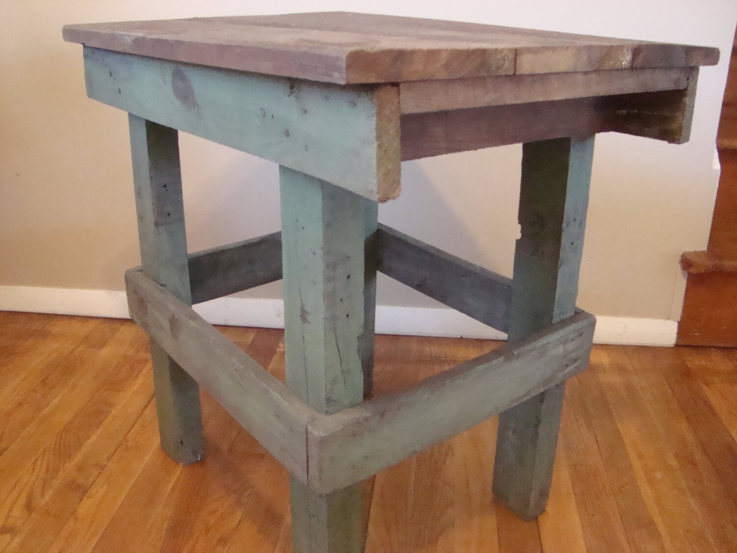 Vintage Rustic Wood Table, Green and Wood Plank Top Table, Plank Top