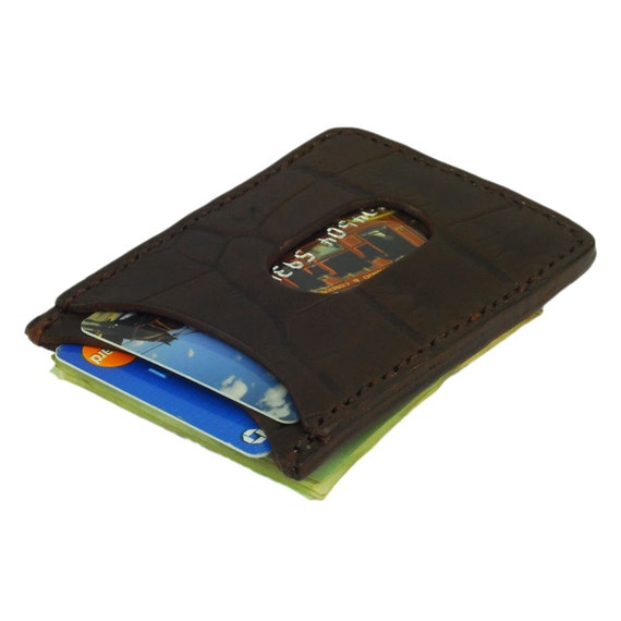Dark Brown Leather Credit Card Sleeve Wallet With Money Clip