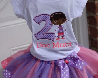 Doc Mcstuffin Birthday Shirt with ribbon tutu and matching bow/Doc McStuffin
