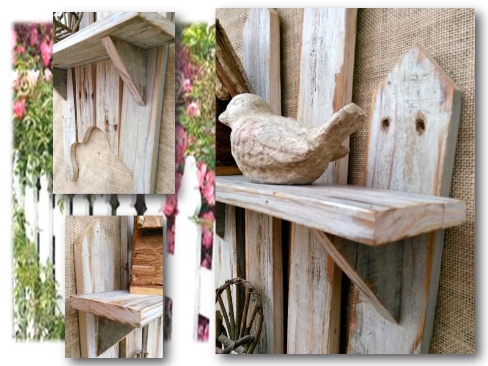 Rustic Reclaimed Wood White Picket Fence Shelf by AlleyCatDesignSt