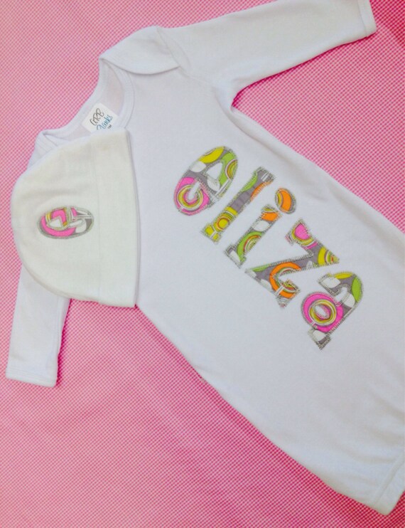 Applique Baby Gown Personalized with matching by LittleOakeyKids