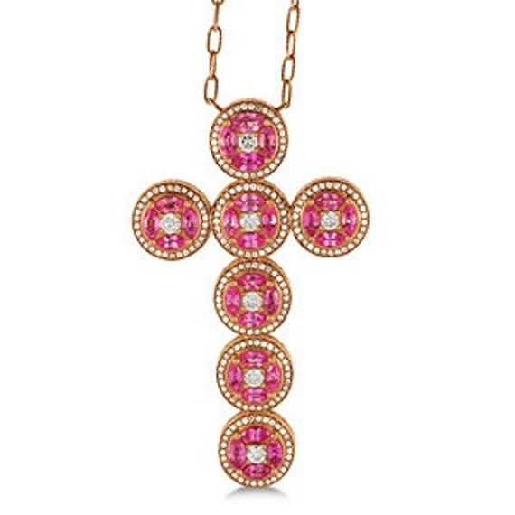 MJ 14k Pink Sapphire Diamond Cross pendant by ManyaJewelers