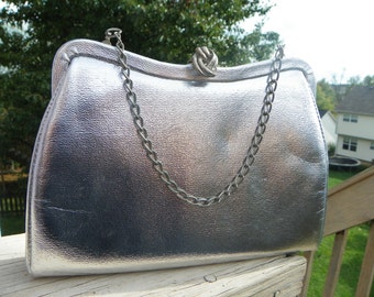 Vintage Silver Evening Bag With Silver Chain and Clasp