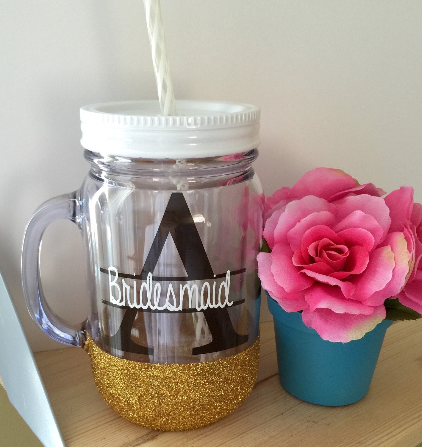 Custom Glittered Acrylic Mason Jar Tumbler// Bridesmaid//
