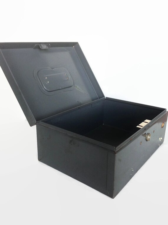 Vintage industrial lock box gray steel hinged container garage storage