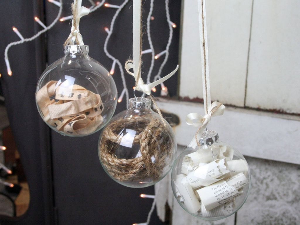 Three Glass Bauble Decorations, Handmade Christmas Ornaments, Filled Glass Baubles, Scrolls, Twine, Ribbon