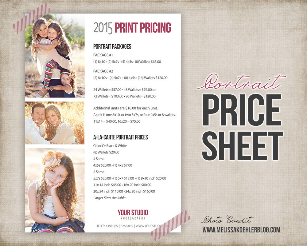 Photography Portrait Price List Photo Price Sheet