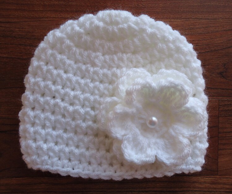 Crocheted Baby Girl Hat with Flower White Hat by KaraAndMollysKids