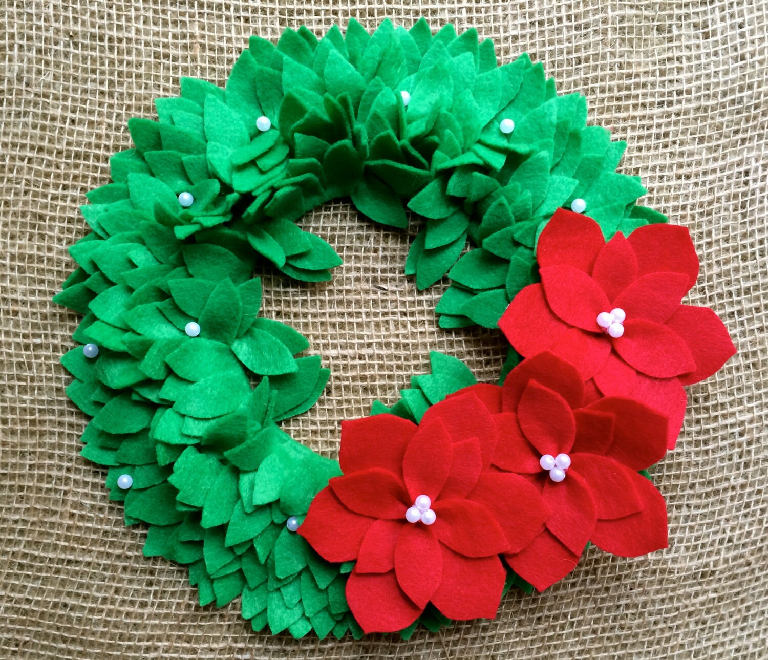 Red Poinsettia Felt Mistletoe Wreath, 10 inch