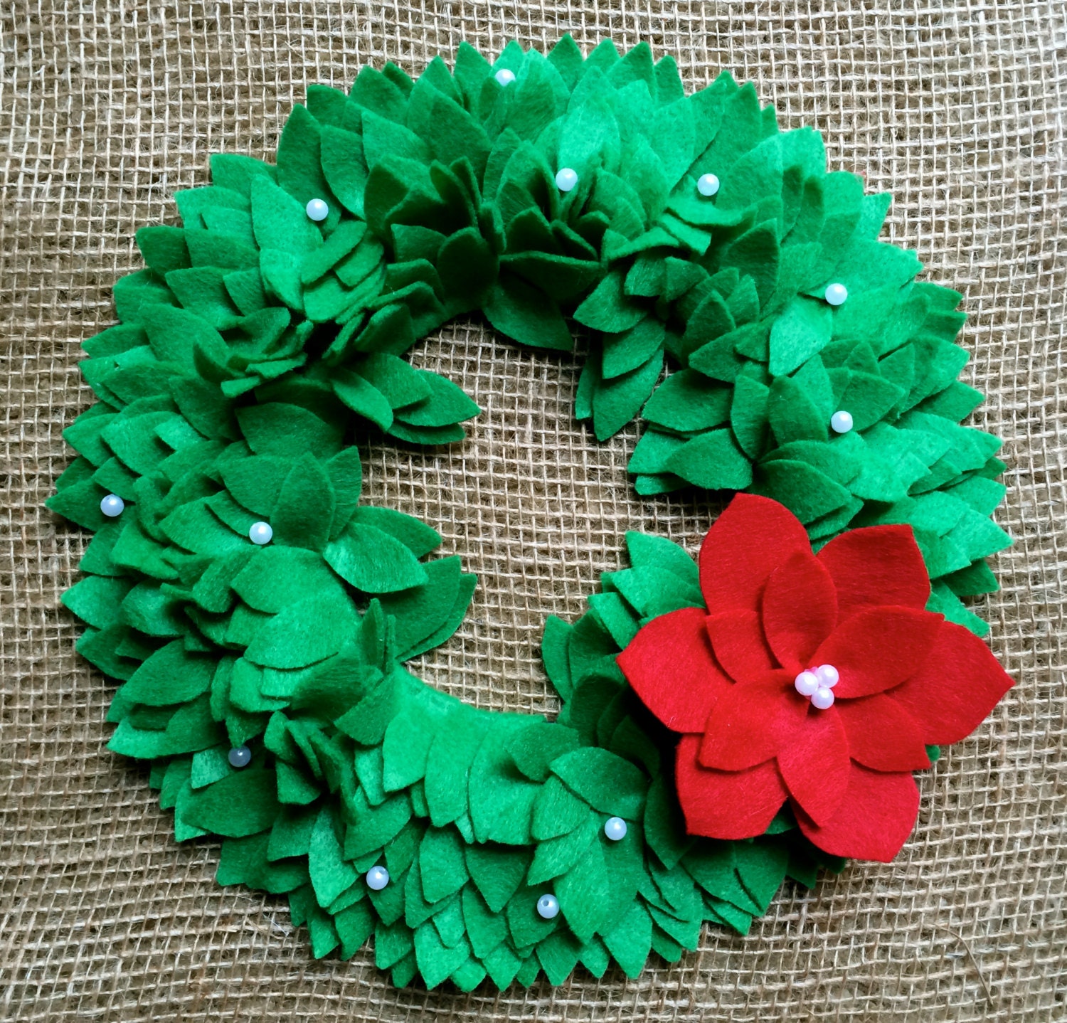 Red or Cream Poinsettia Felt Mistletoe Wreath, 10 inch