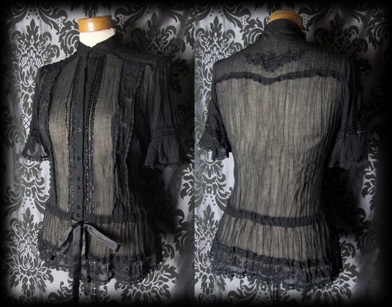 Gothic Black Crinkle Bead Detail SPLENDEUR Ties Blouse 12 14 Victorian Vintage by AusterexxDevotion steampunk buy now online
