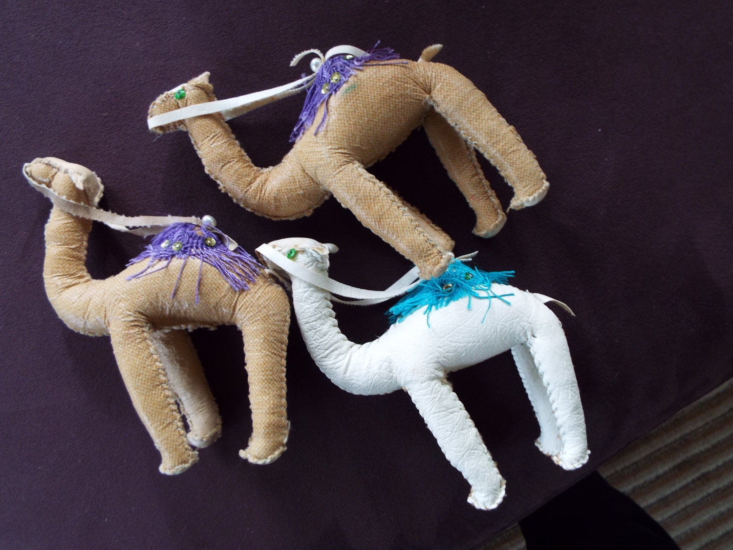 3 handmade leather fringed camels domedary Toy figurines