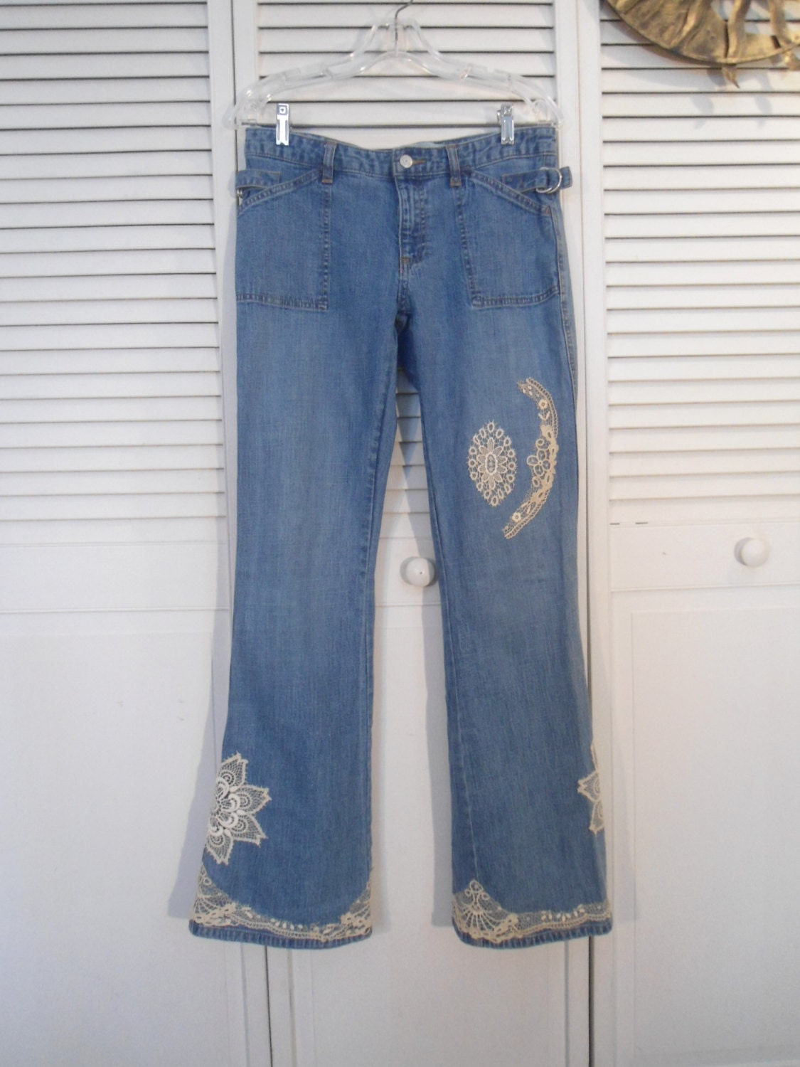 Hippie Bell Bottom Jeans Size 8 Tall Womens Refashioned Lace