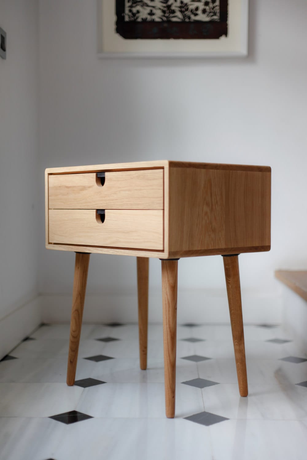 Mid Century Modern Solid Oak Nightstand with Double Drawers