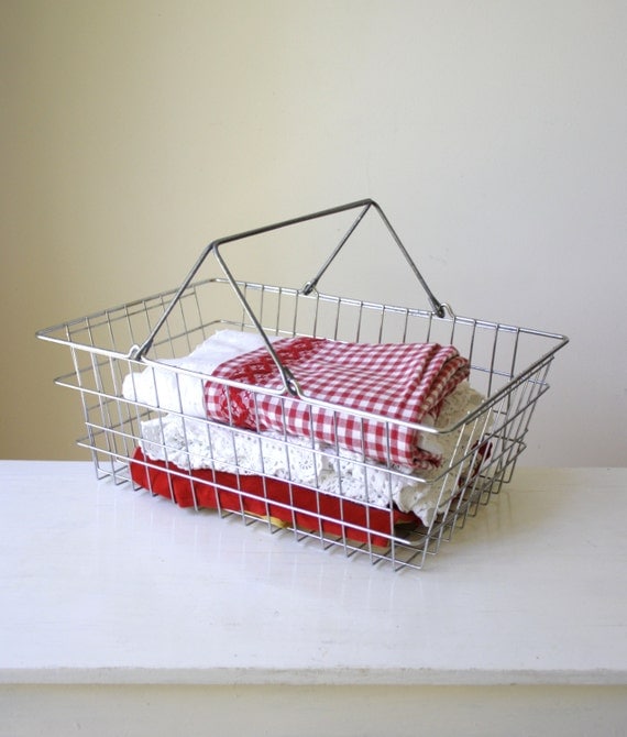 Large industrial wire basket/ vintage blanket storage basket/