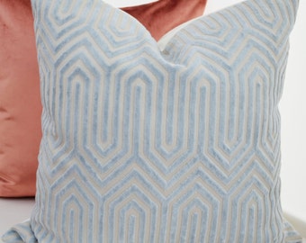 Blue Velvet Pillow Cover,Blue Geometric Velvet Pillow, Duralee Designer Pillow,Sky Blue Pillow Cover,Porcelain Blue Velvet,