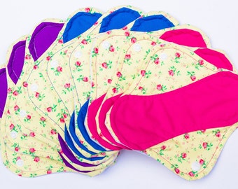 Set of 9 Light, Medium and Heavy Femeko Cloth Menstrual Pads, Reusable Pads, Cloth Pads