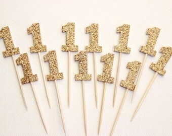 First Birthday Cupcake Toppers. Gold or Silver Glitter. 1st Birthday - First Birthday - Anniversary.