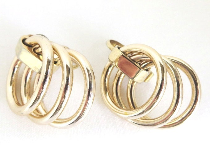 Crown Trifari Triple Hoop Earrings, Vintage Gold Tone Clip-on Earrings