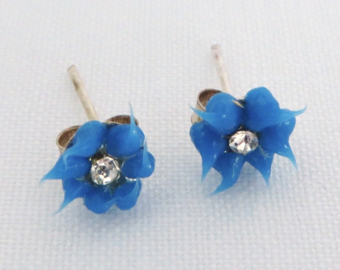 Blue Lucite Flower Pierced Studs, Vintage Sterling Silver Posts, Small Studs