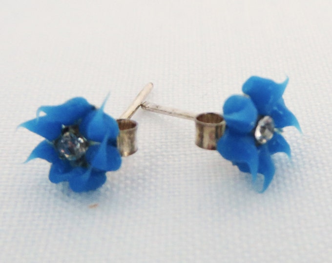 Blue Lucite Flower Pierced Studs, Vintage Sterling Silver Posts, Small Studs