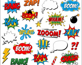 Superhero Clipart Comic Book Clip Art Comic Text Speech Bubbles - Boom, Zap, Bang, Bam, Crash, Pow Sounds Sayings - YDC096