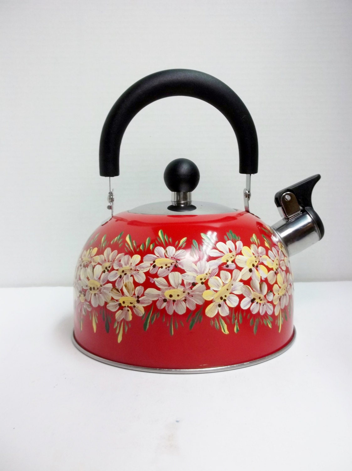 Red Tea Kettle Hand Painted Design Folk Art Style Swedish