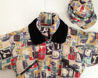 Retro Ski Jacket and Hat / Wild Pattern in Nils Downhill Ski Coat / Great Retro Mod Skiwear /
